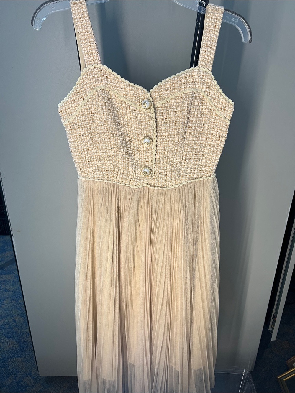 Ivory Crochet Bodice Midi Dress with Tulle Skirt